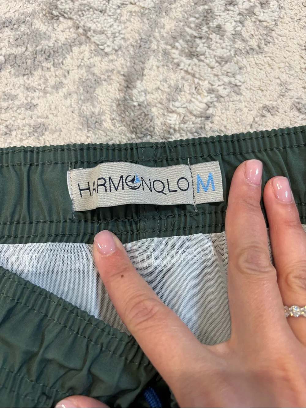 HARMONQLO Olive Green Swim Trunks with Blue Logo Tag